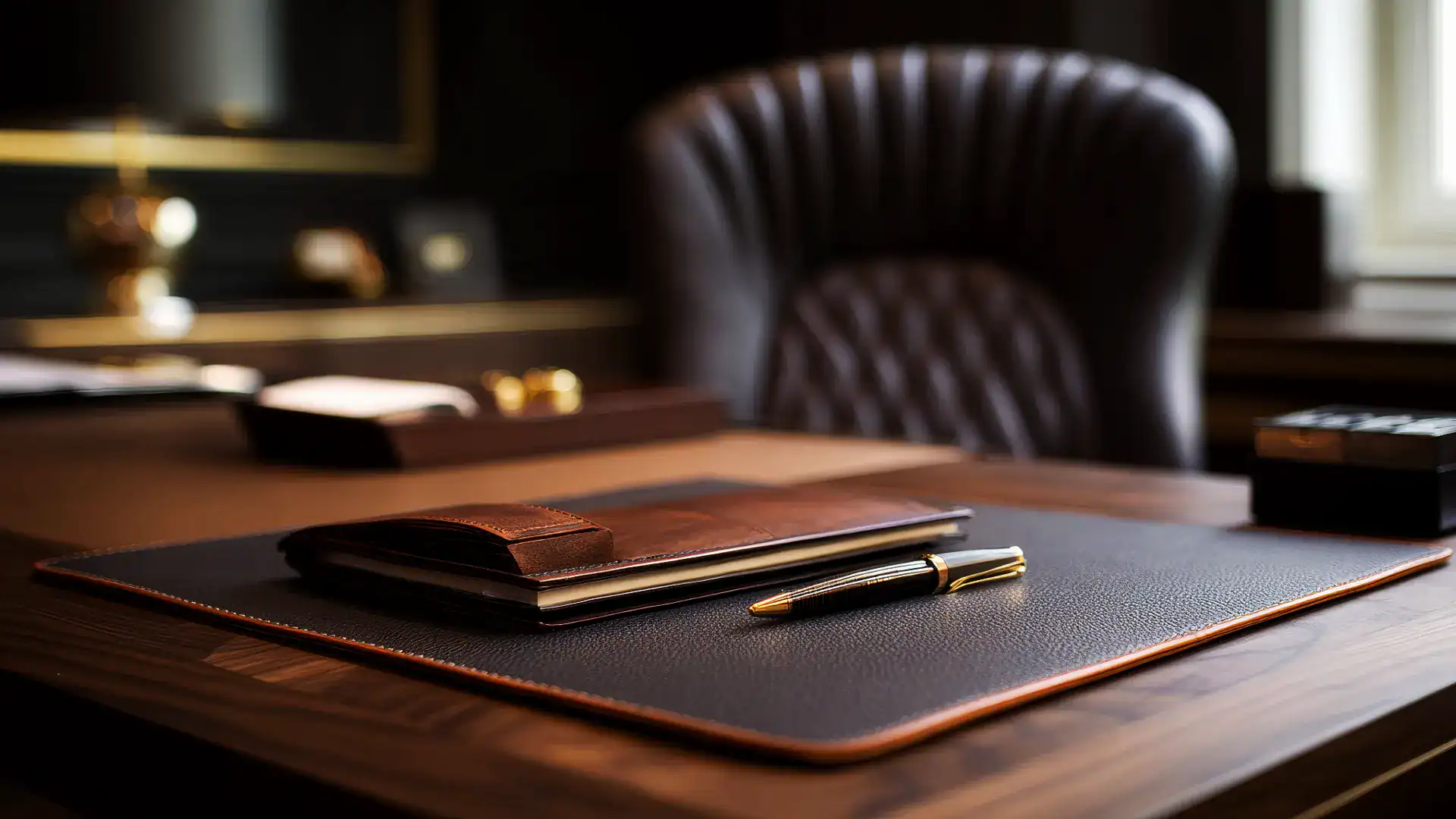 Ambassador`s room with airmachair and note with pen on desk