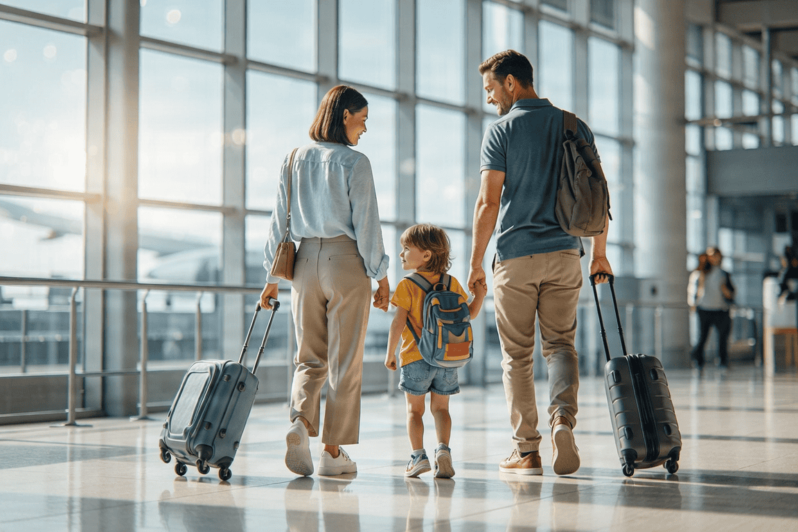 A family walking through an airport terminal with suitcases, backlit by large windows.